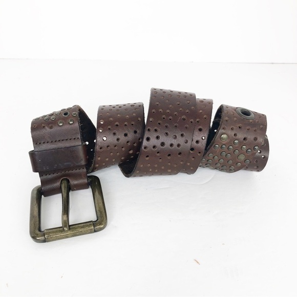 Brown leather, eyelet, studded, chunky hardware belt - Picture 6 of 7